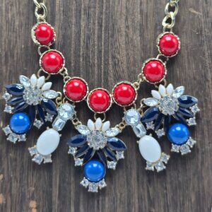 Charming Charlie Necklace Rhinestone Red White Blue Gold Tone Heavy Metal